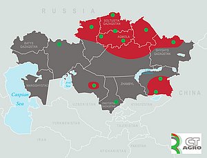 terraHORSCH: Die Karte von Kasachstan zeigt, in welchen Regionen vor allem professionell Ackerbau betrieben wird und wo HORSCH tätig ist. Die Punkte sind die Standorte des Vertriebspartners CT Agro.